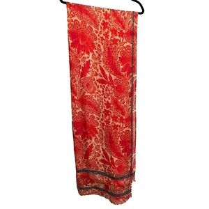 Linen Blend Coral Print Scarf Rectangular Cross Stitch Borders Self Fringe 30x80